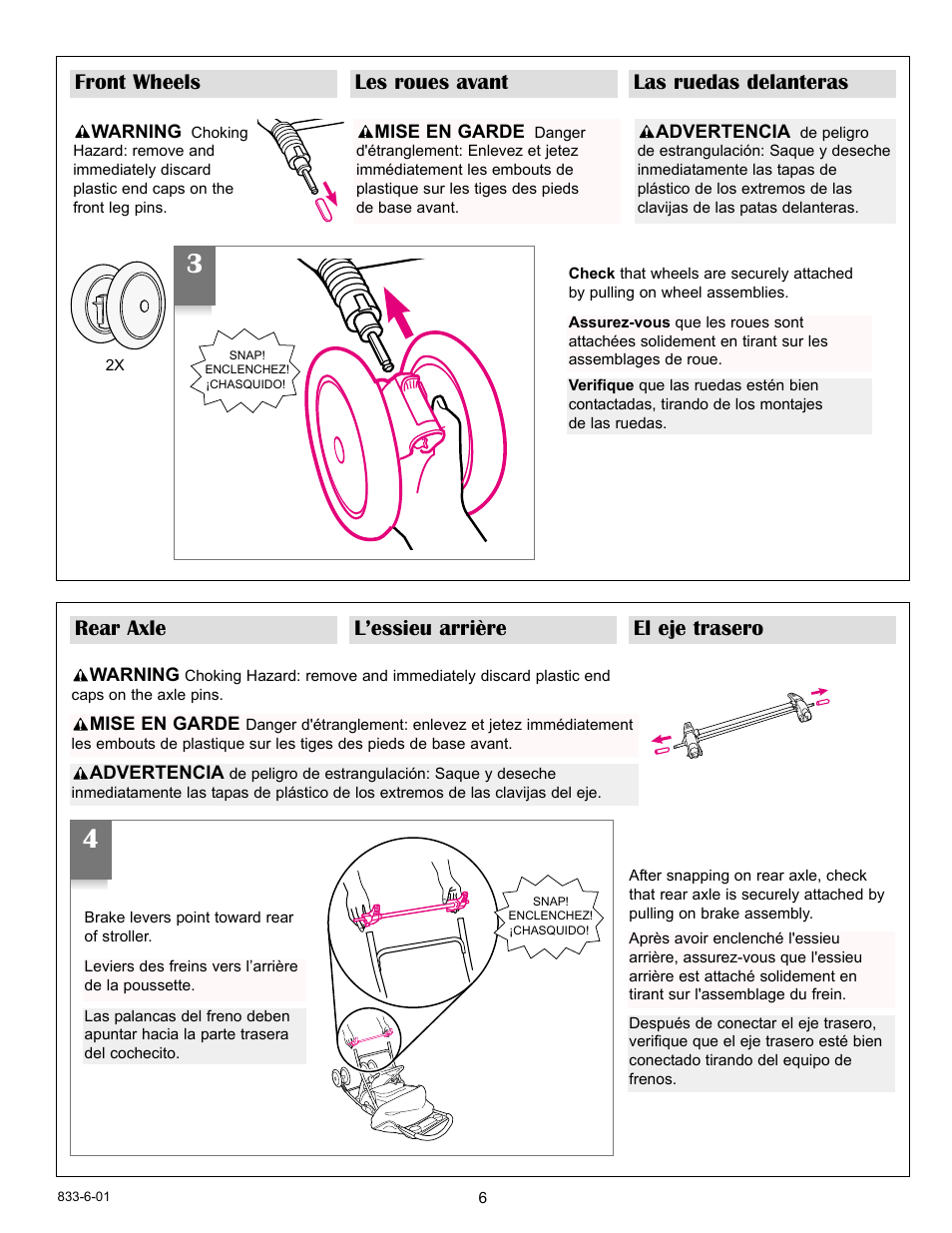 Front wheels les roues avant las ruedas delanteras, Rear axle l’essieu arrière el eje trasero | Graco 7427 User Manual | Page 6 / 122