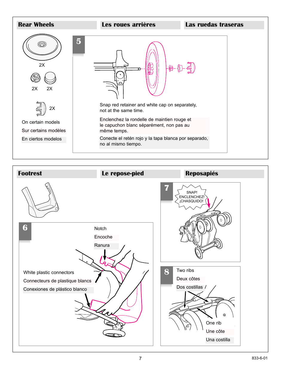 Footrest le repose-pied reposapiés, Rear wheels les roues arrières las ruedas traseras | Graco 7427 User Manual | Page 7 / 122