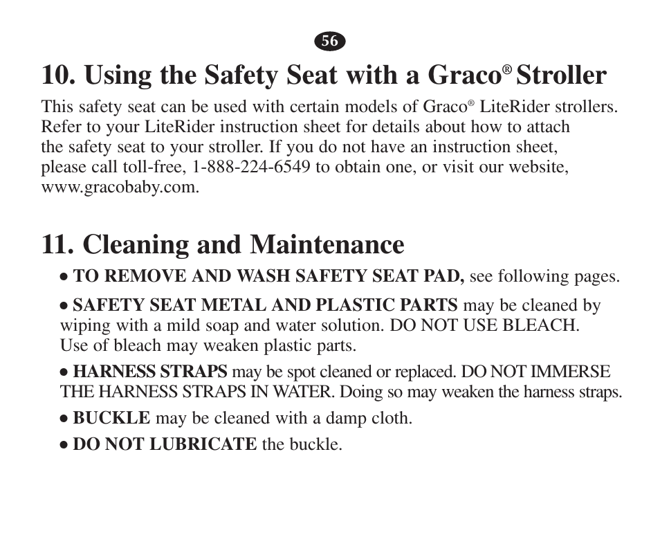 Using the safety seat with a graco, Stroller, Cleaning and maintenance | Graco 7427 User Manual | Page 73 / 122