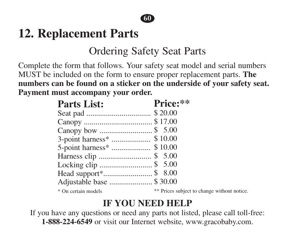 Replacement parts, Ordering safety seat parts, Parts list | Price | Graco 7427 User Manual | Page 77 / 122