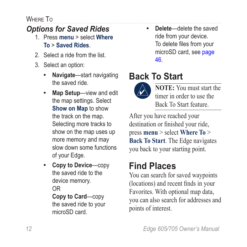 Options for saved rides, Back to start, Find places | Graco EDGE 705 User Manual | Page 18 / 80