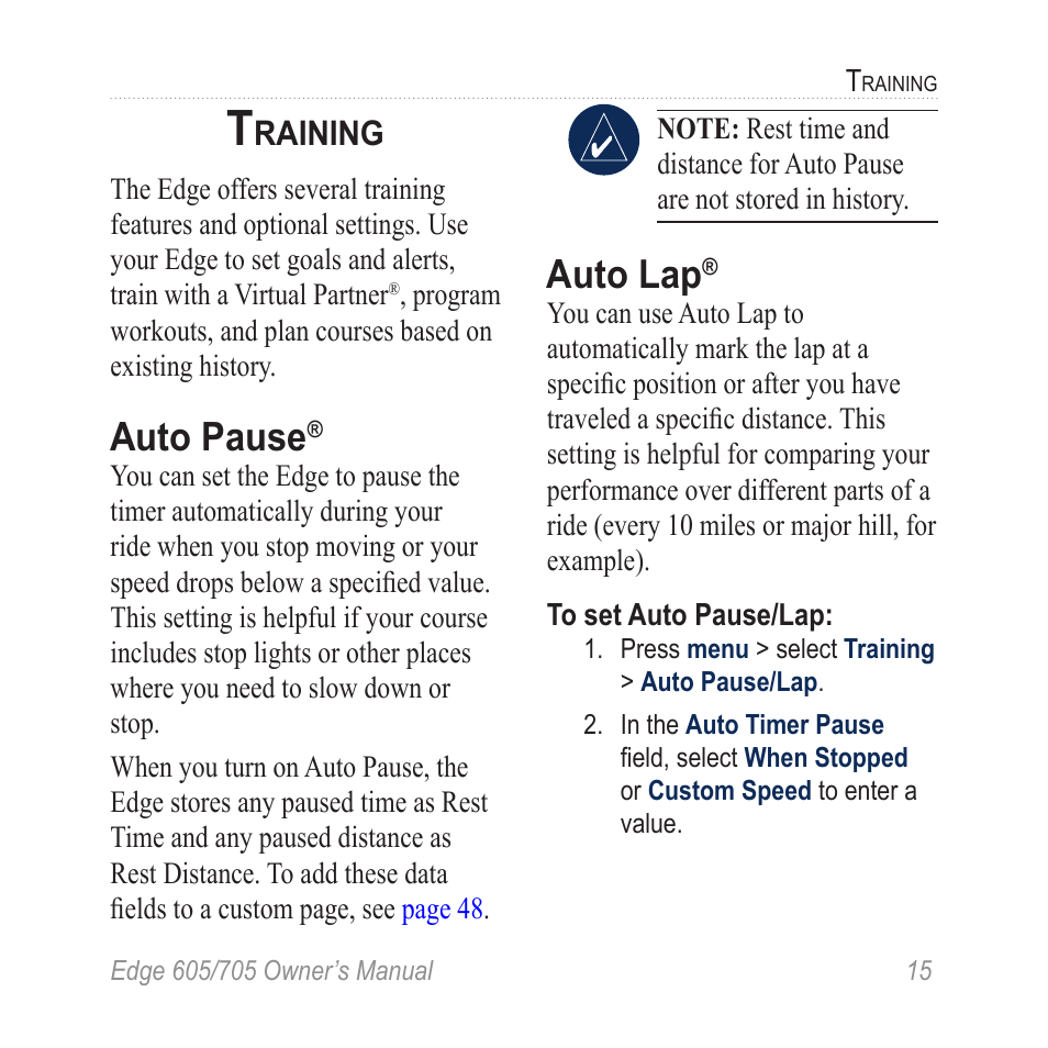 Training, Auto pause, Auto lap | Raining | Graco EDGE 705 User Manual | Page 21 / 80