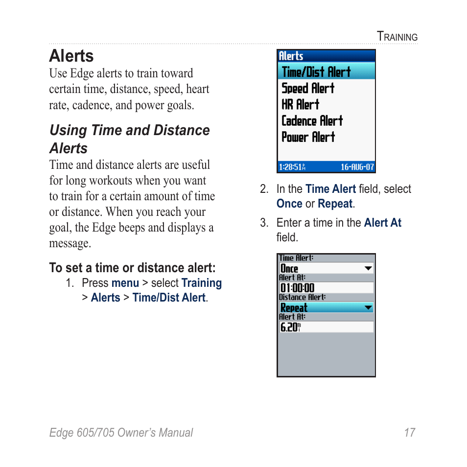 Alerts, Using time and distance alerts, Using time and distance | Graco EDGE 705 User Manual | Page 23 / 80