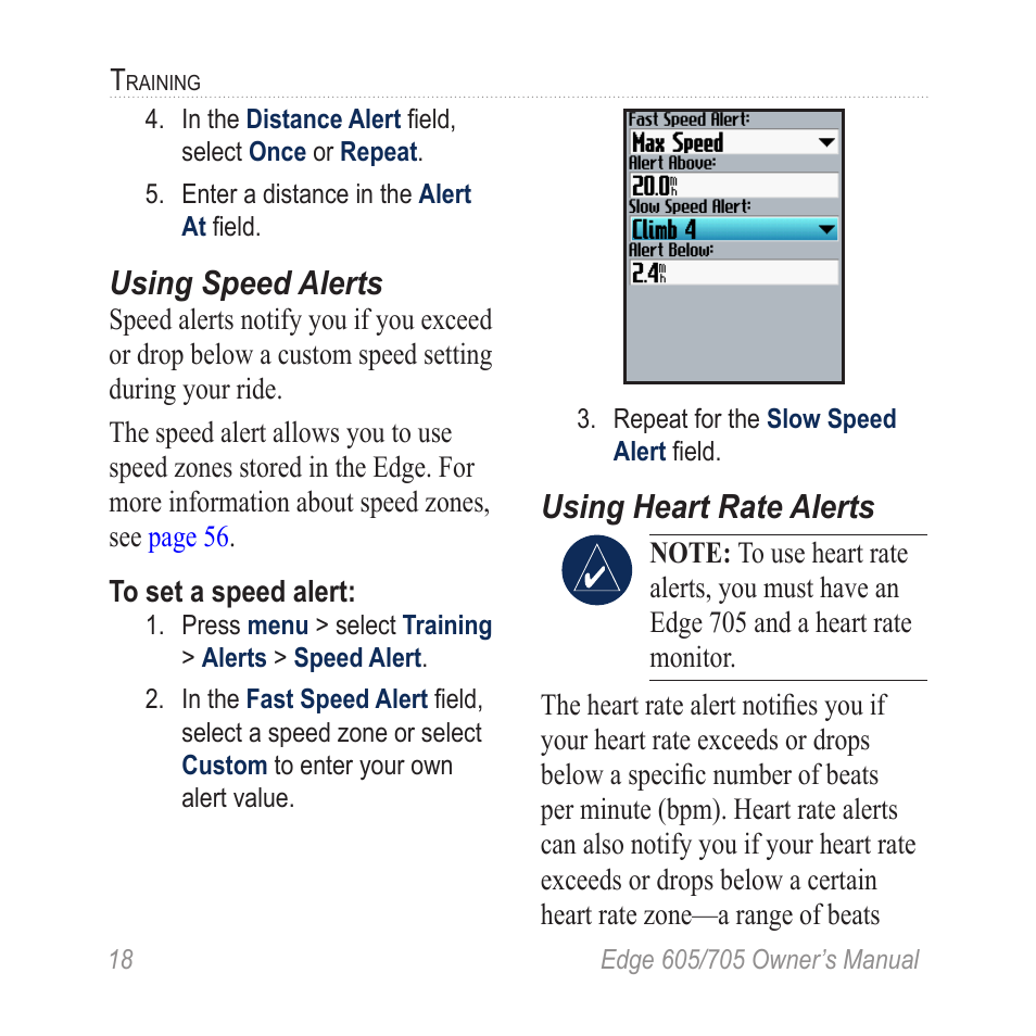 Using speed alerts, Using heart rate alerts | Graco EDGE 705 User Manual | Page 24 / 80