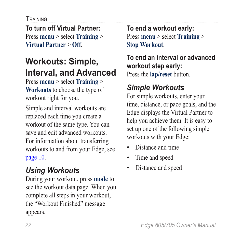 Workouts: simple, interval, and advanced, Using workouts, Simple workouts | Workouts: simple, interval, and, Advanced | Graco EDGE 705 User Manual | Page 28 / 80