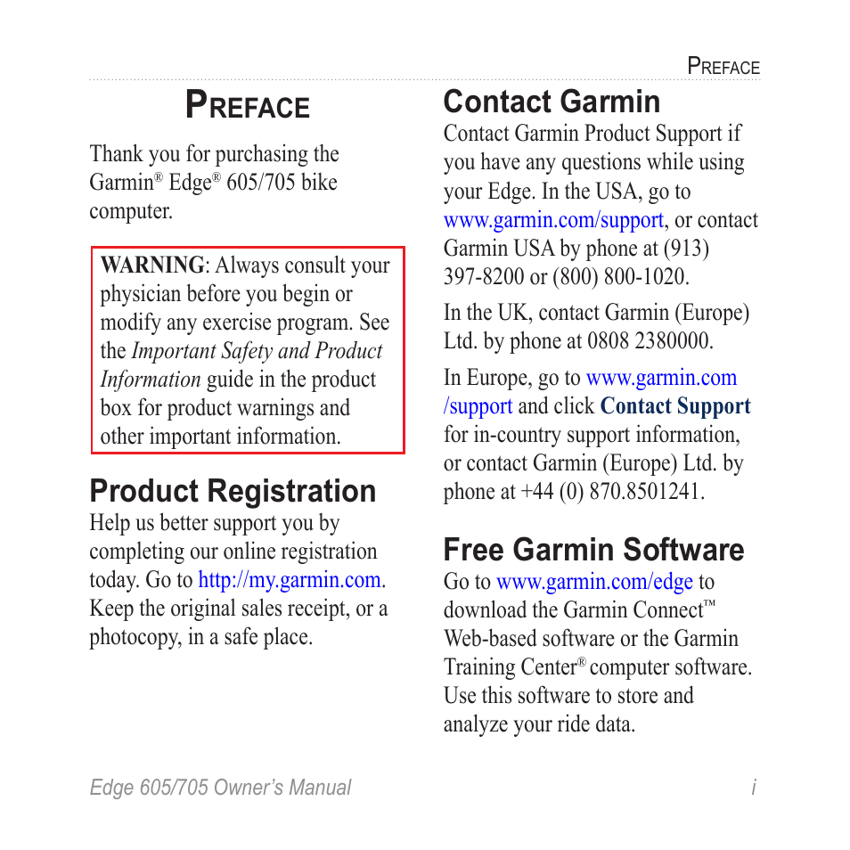 Preface, Product registration, Contact garmin | Free garmin software, Reface | Graco EDGE 705 User Manual | Page 3 / 80