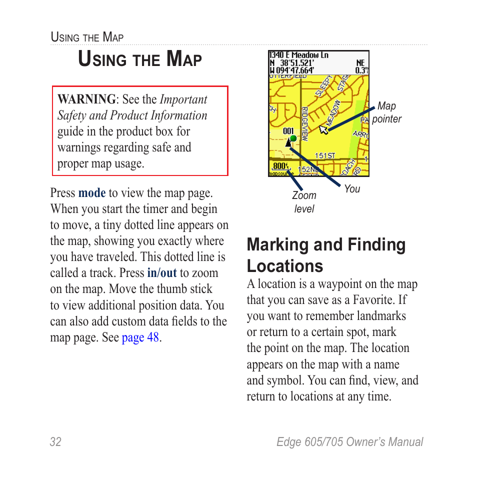 Using the map, Marking and finding locations, Marking and finding | Locations | Graco EDGE 705 User Manual | Page 38 / 80