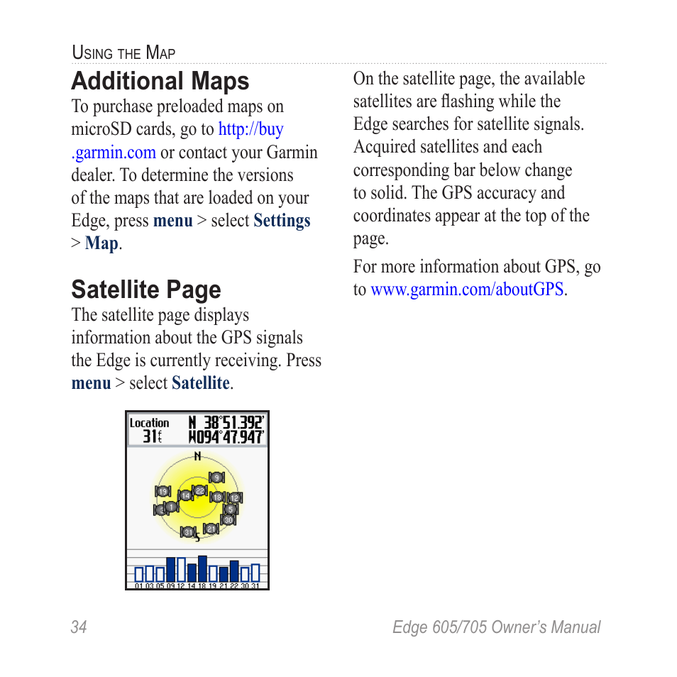 Additional maps, Satellite page | Graco EDGE 705 User Manual | Page 40 / 80