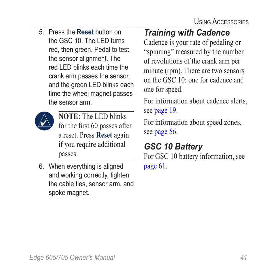 Training with cadence, Gsc 10 battery, Cadence, see | Graco EDGE 705 User Manual | Page 47 / 80