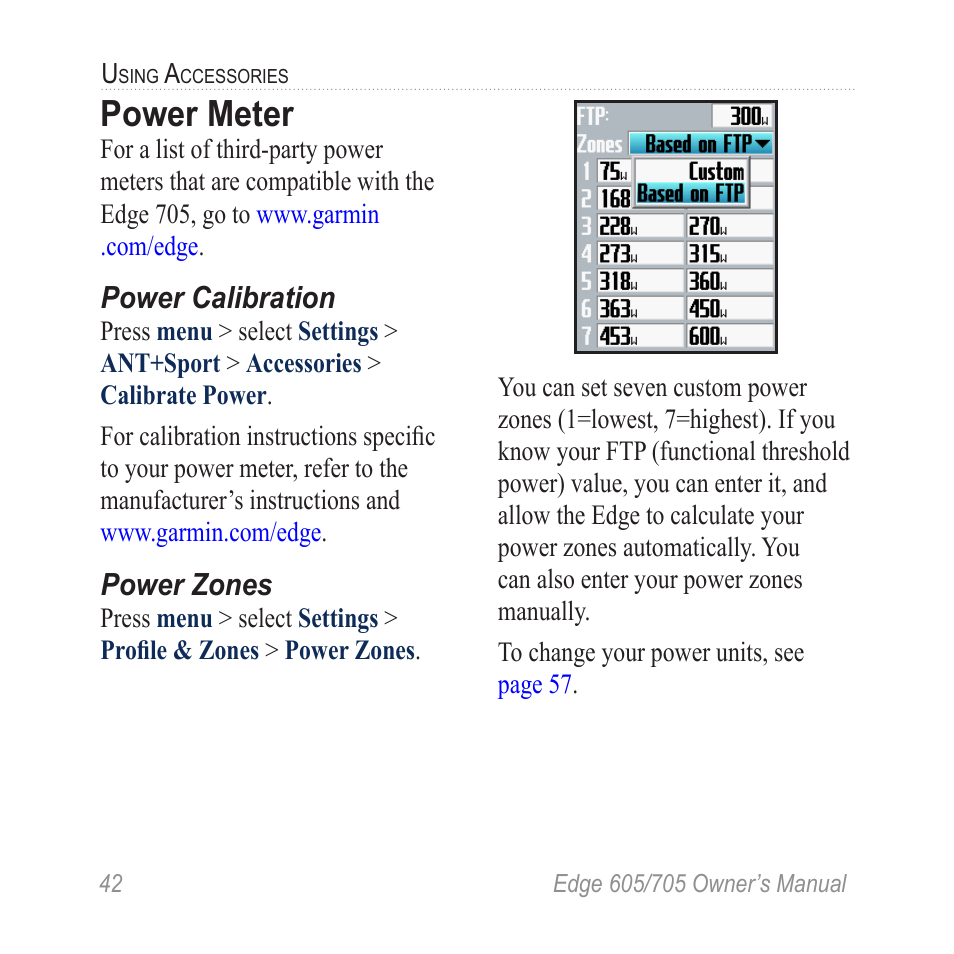 Power meter, Power calibration, Power zones | Graco EDGE 705 User Manual | Page 48 / 80