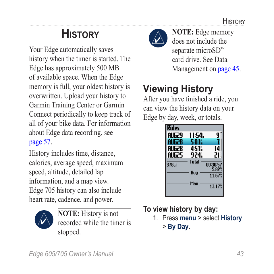 History, Viewing history, Istory | Graco EDGE 705 User Manual | Page 49 / 80