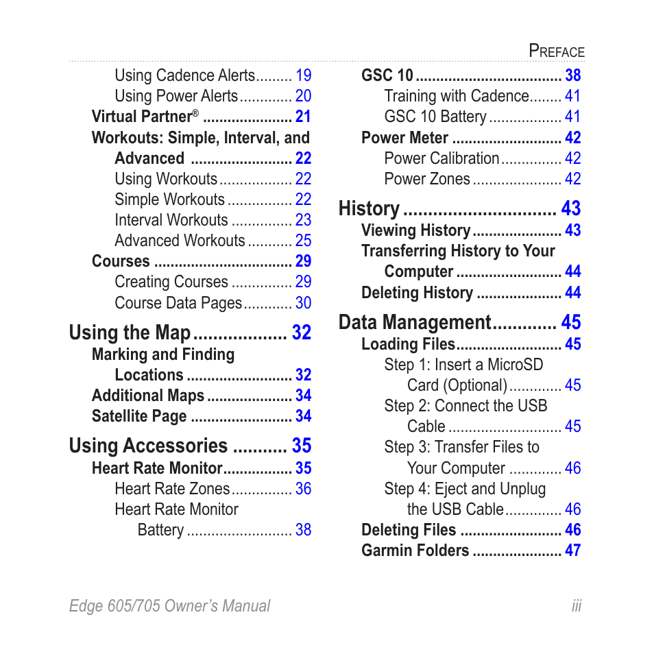 Using the map, Using accessories, History | Data management | Graco EDGE 705 User Manual | Page 5 / 80