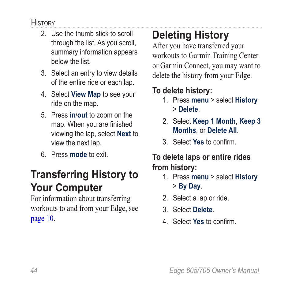Transferring history to your computer, Deleting history, Transferring history to your | Computer | Graco EDGE 705 User Manual | Page 50 / 80