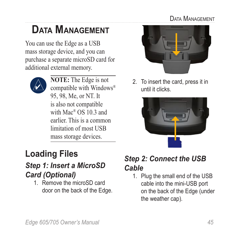 Data management, Loading files, Step 1: insert a microsd card (optional) | Step 2: connect the usb cable, Step 1: insert a microsd, Card (optional), Step 2: connect the usb, Cable, Anagement | Graco EDGE 705 User Manual | Page 51 / 80