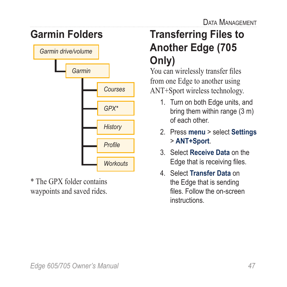 Garmin folders, Transferring files to another edge (705 only), Transferring files to another | Edge (705 only) | Graco EDGE 705 User Manual | Page 53 / 80