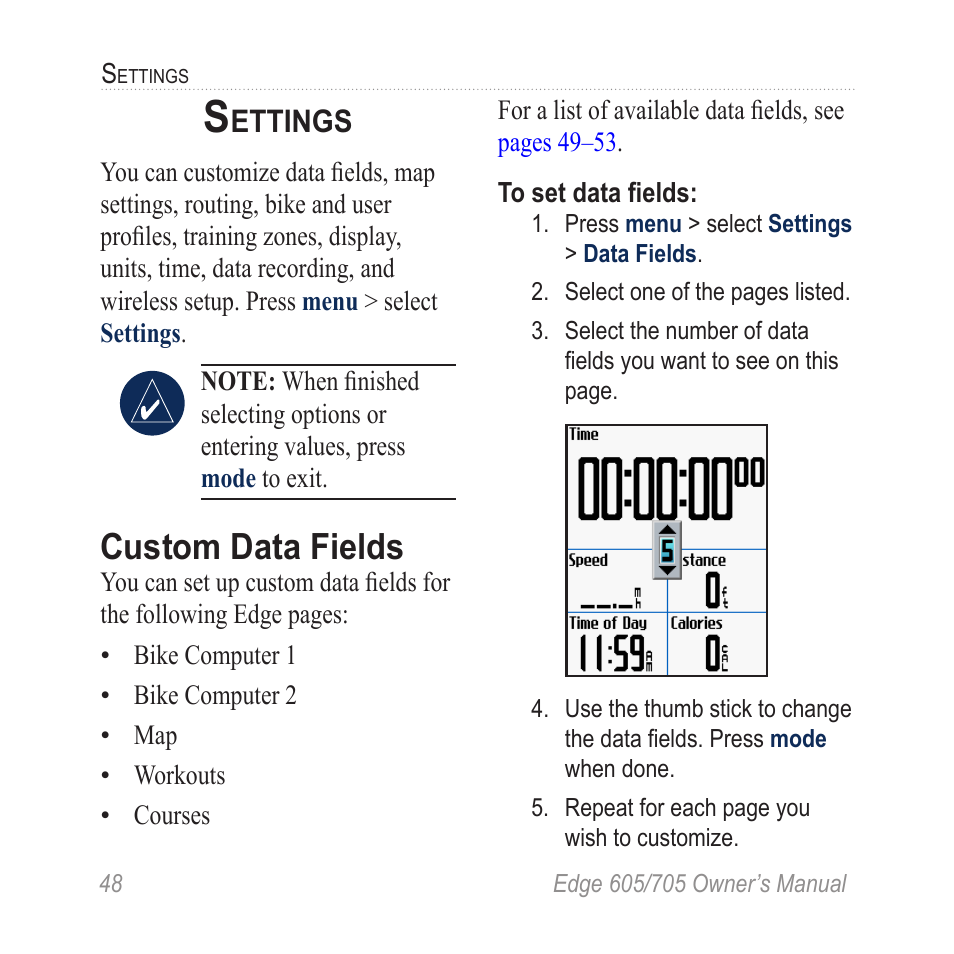 Settings, Custom data fields, Ettings | Graco EDGE 705 User Manual | Page 54 / 80