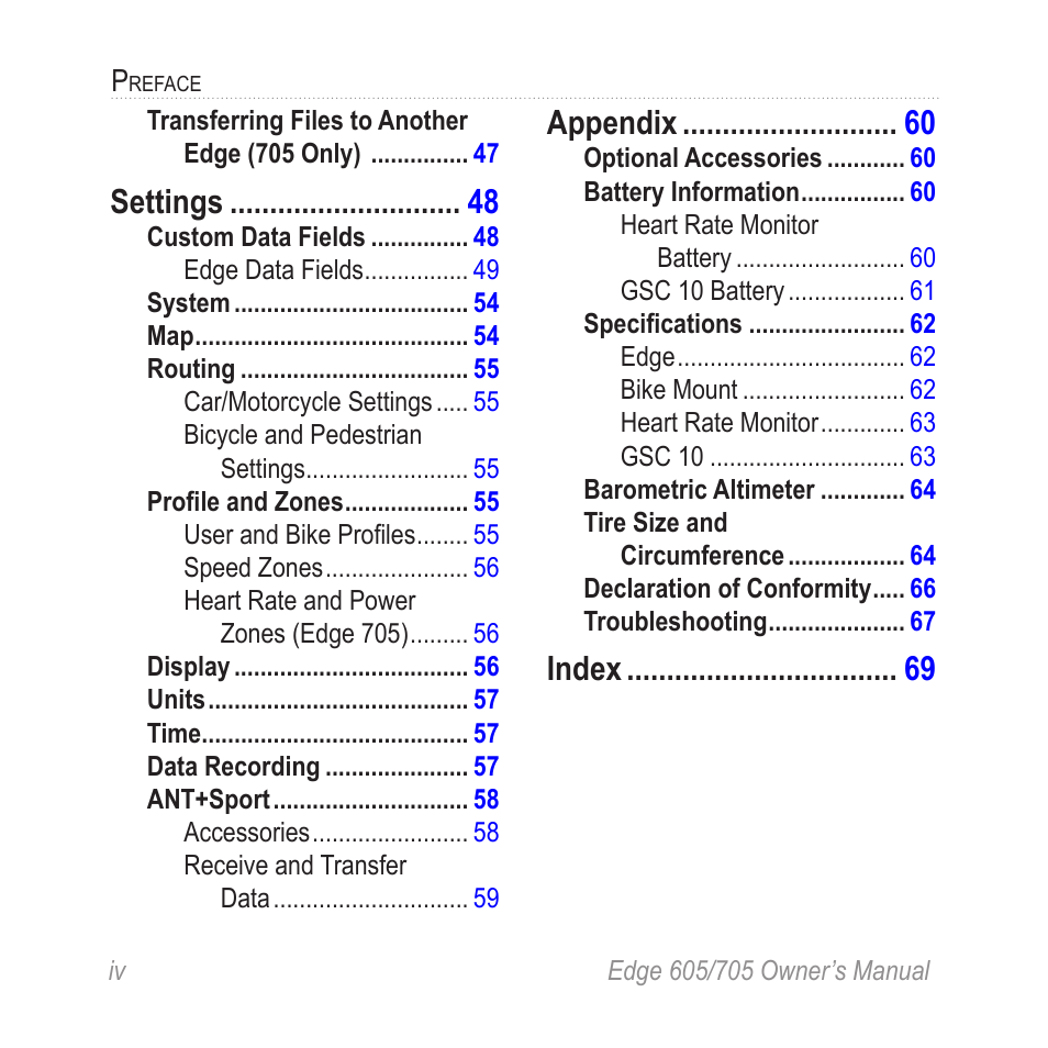 Settings, Appendix, Index | Graco EDGE 705 User Manual | Page 6 / 80