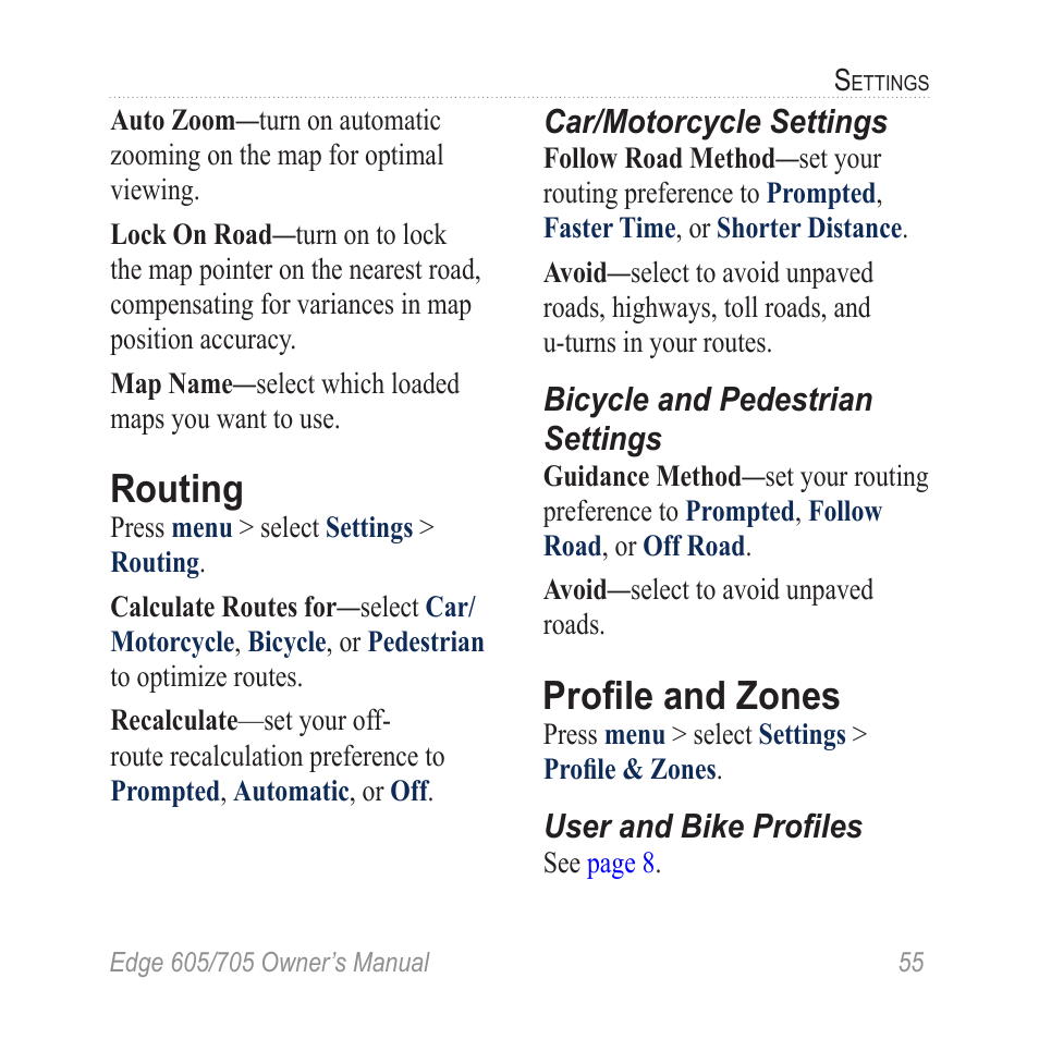 Routing, Car/motorcycle settings, Bicycle and pedestrian settings | Profile and zones, User and bike profiles, Bicycle and pedestrian, Settings | Graco EDGE 705 User Manual | Page 61 / 80
