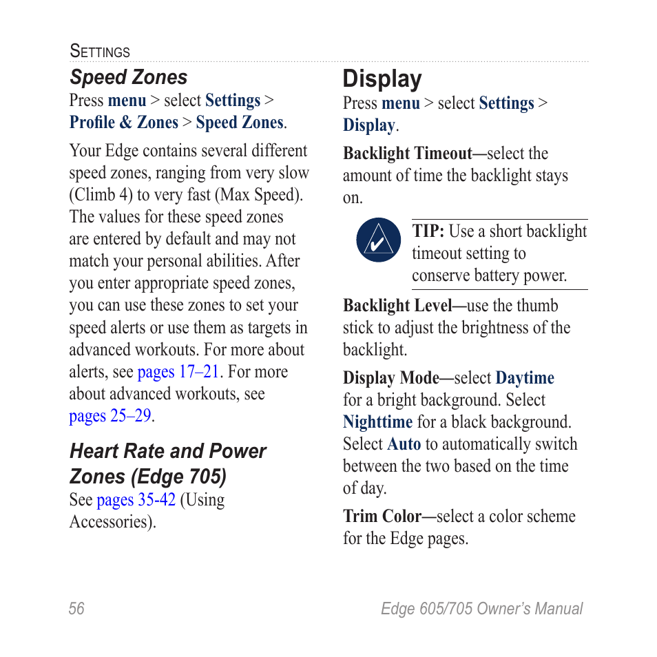 Speed zones, Heart rate and power zones (edge 705), Display | Heart rate and power, Zones (edge 705) | Graco EDGE 705 User Manual | Page 62 / 80