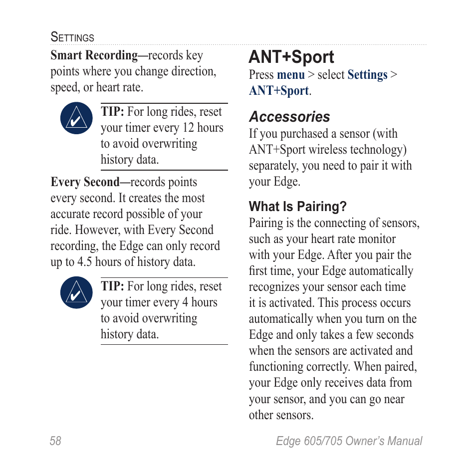 Ant+sport, Accessories, The sensors. see | Graco EDGE 705 User Manual | Page 64 / 80