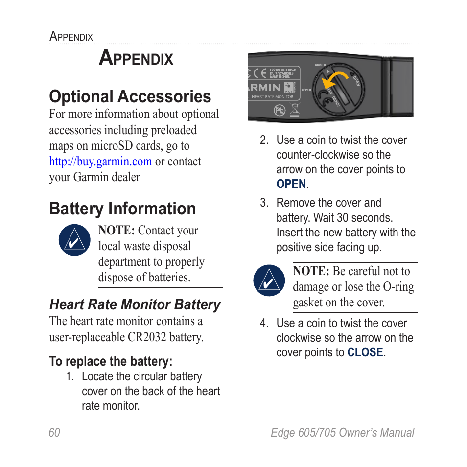 Appendix, Optional accessories, Battery information | Heart rate monitor battery, Heart rate monitor, Battery, For battery information, see, Ppendix | Graco EDGE 705 User Manual | Page 66 / 80