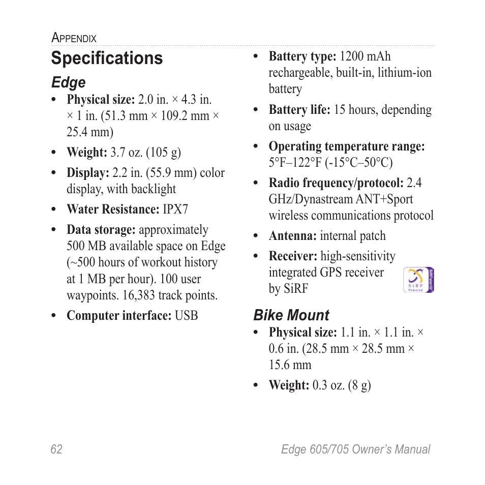 Specifications, Edge, Bike mount | Graco EDGE 705 User Manual | Page 68 / 80