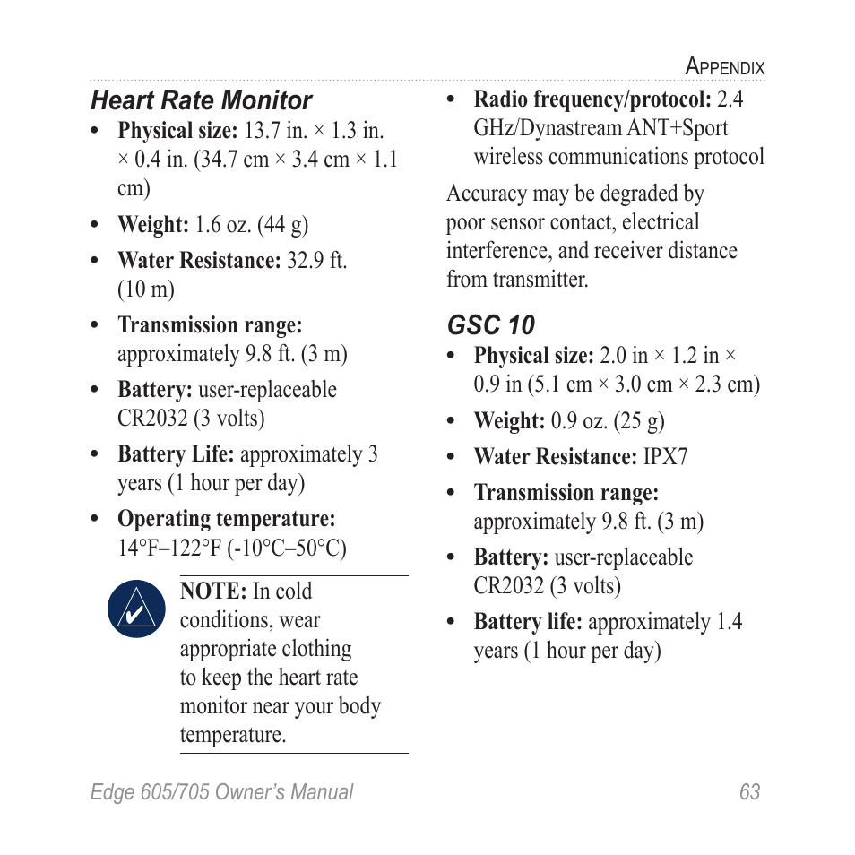 Heart rate monitor, Gsc 10 | Graco EDGE 705 User Manual | Page 69 / 80