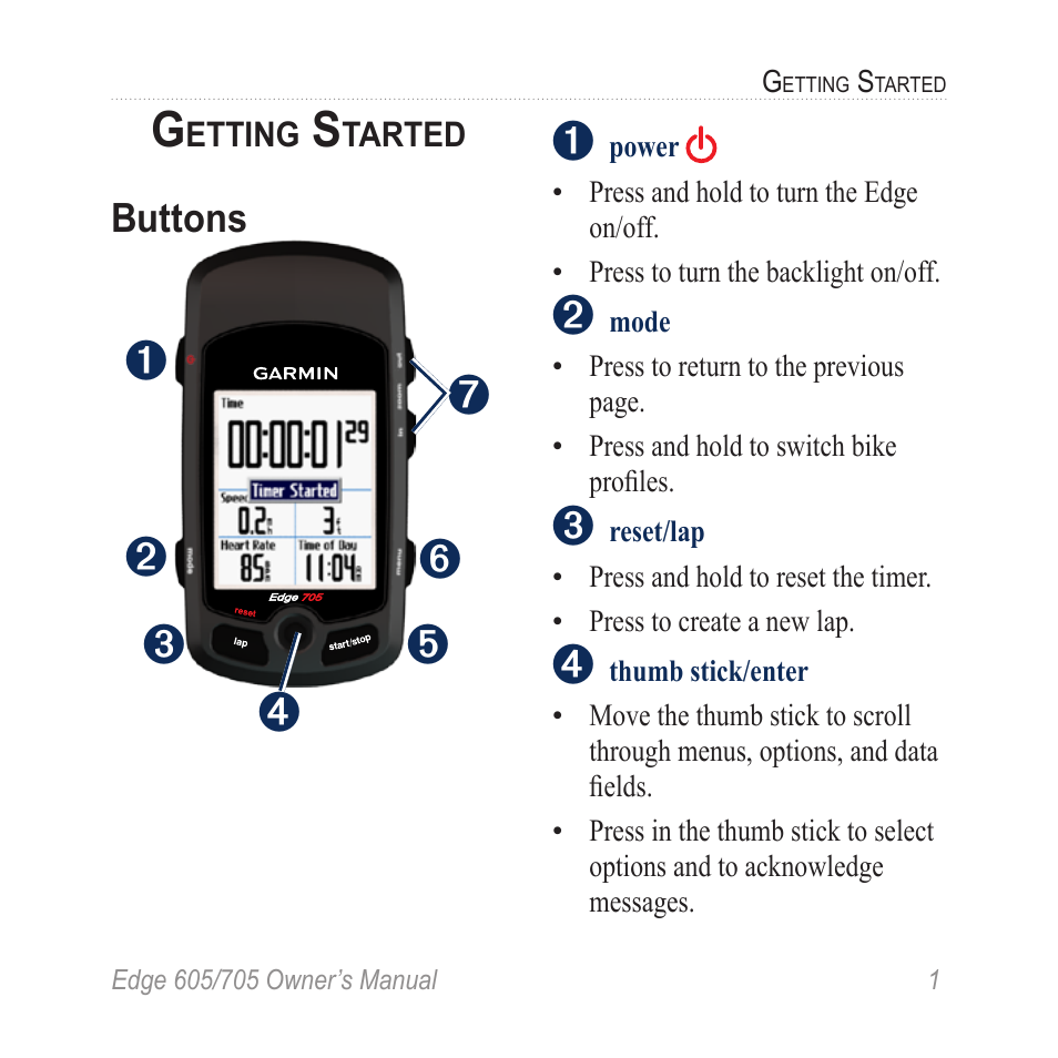 Getting started, Buttons | Graco EDGE 705 User Manual | Page 7 / 80