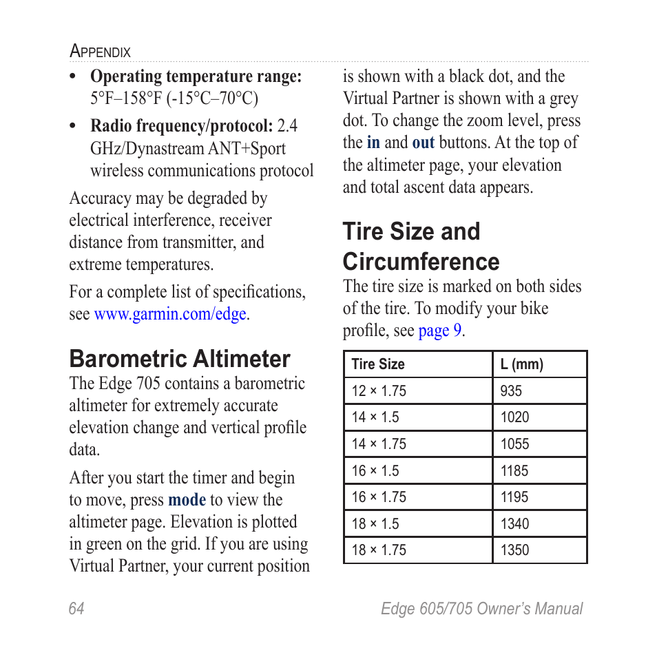 Barometric altimeter, Tire size and circumference, Tire size and | Circumference | Graco EDGE 705 User Manual | Page 70 / 80