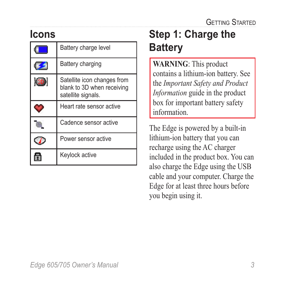 Icons, Step 1: charge the battery | Graco EDGE 705 User Manual | Page 9 / 80