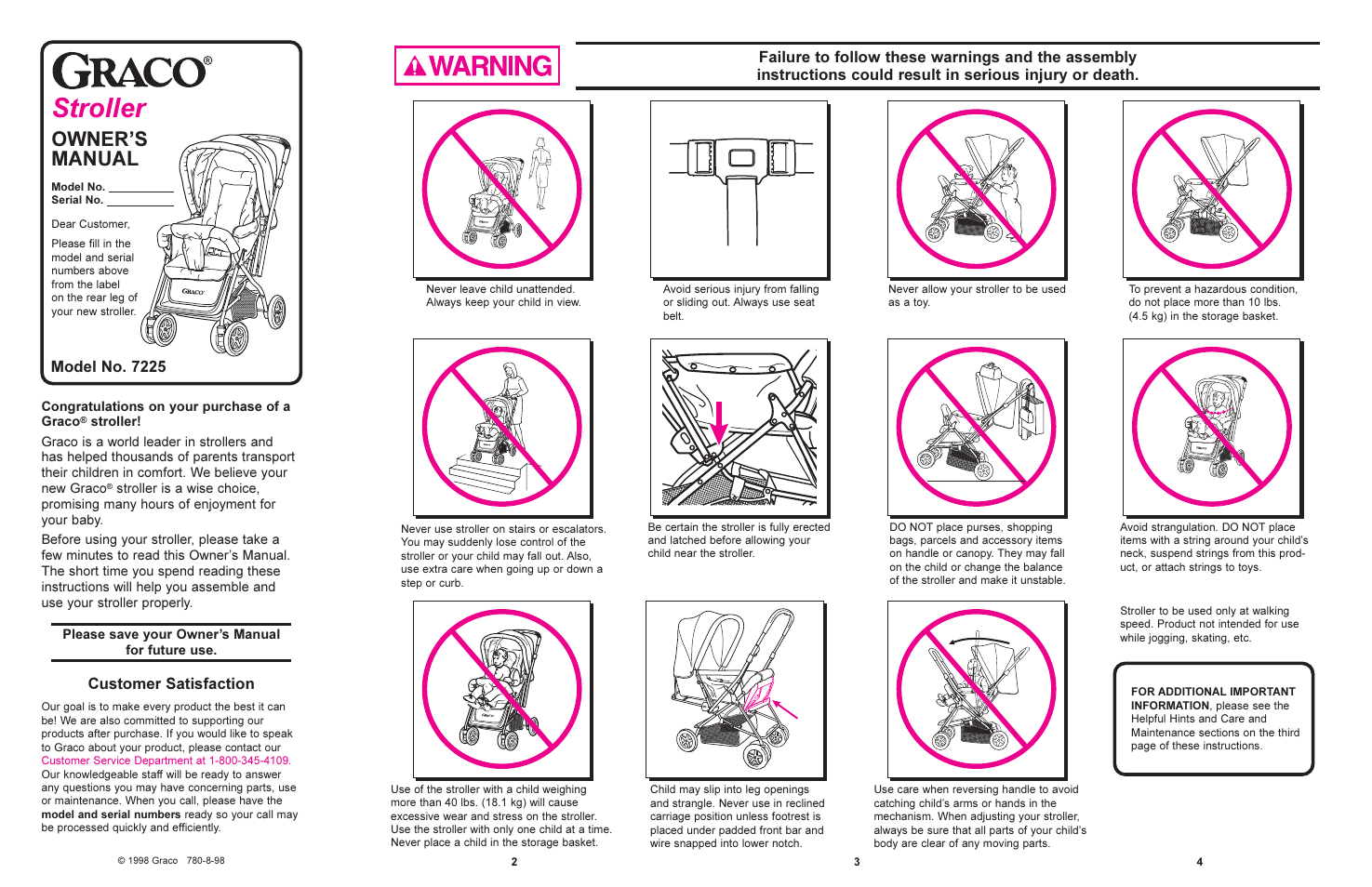 Stroller, Owners manual, Customer satisfaction | Model no. 7225 | Graco 7225 User Manual | Page 2 / 7