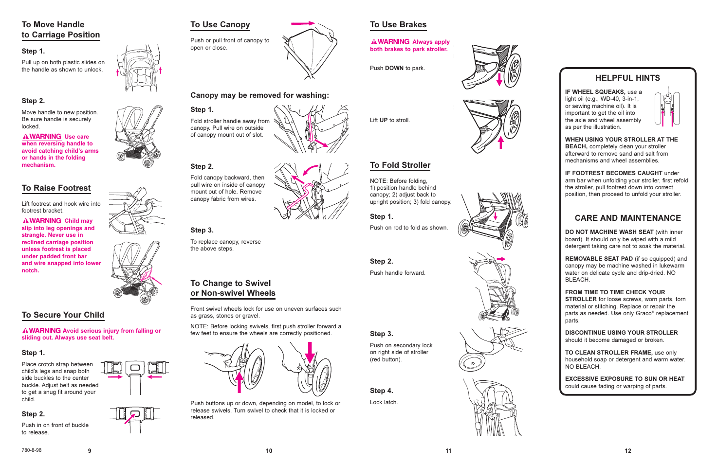 Care and maintenance, Helpful hints, Canopy may be removed for washing | Graco 7225 User Manual | Page 6 / 7
