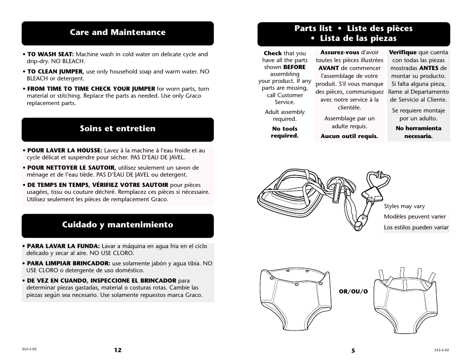 Soins et entretien care and maintenance, Cuidado y mantenimiento | Graco Jumpster 16552-5-02 User Manual | Page 12 / 16