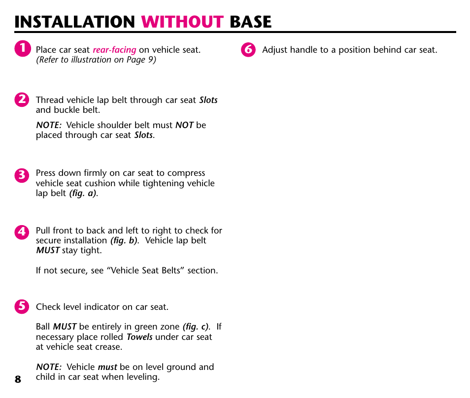 Installation without base | Graco Baby Seat User Manual | Page 10 / 28