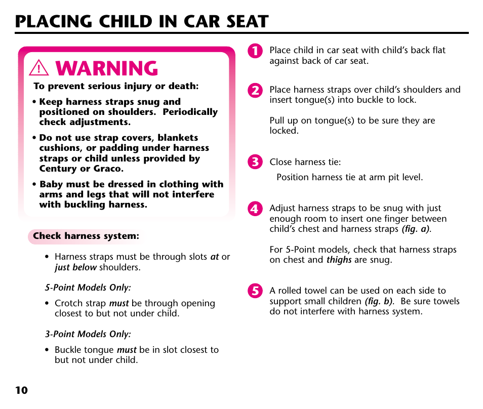 Warning, Placing child in car seat | Graco Baby Seat User Manual | Page 12 / 28