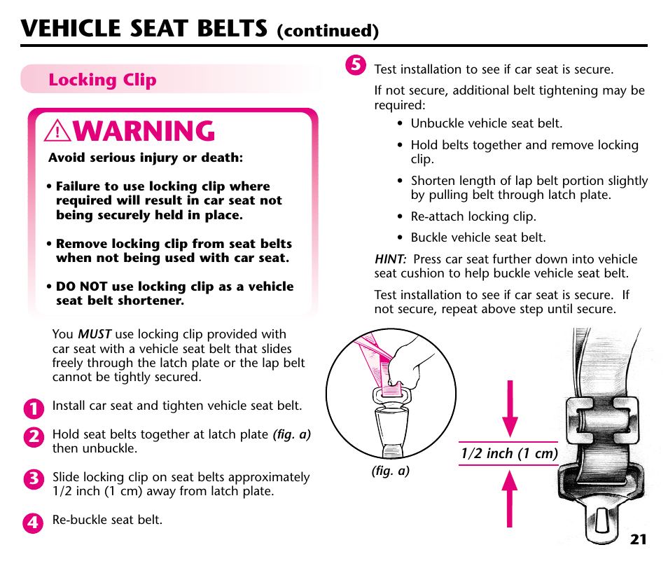 Warning, Vehicle seat belts | Graco Baby Seat User Manual | Page 23 / 28