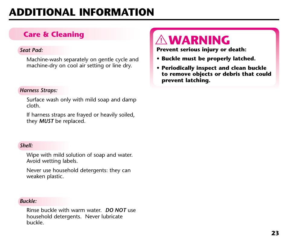 Warning, Additional information | Graco Baby Seat User Manual | Page 25 / 28
