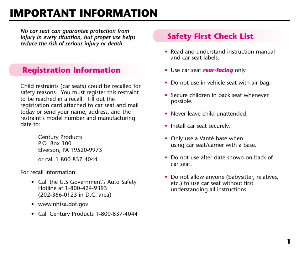 Important information, Registration information, Safety first check list | Graco Baby Seat User Manual | Page 3 / 28