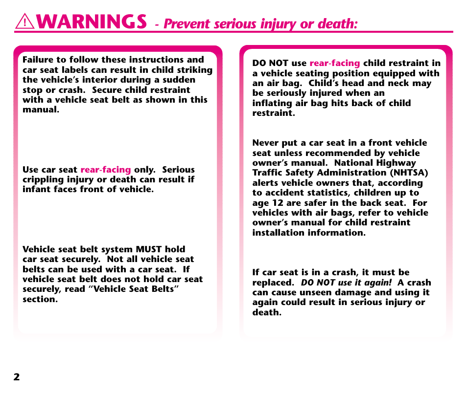 Warnings, Prevent serious injury or death | Graco Baby Seat User Manual | Page 4 / 28