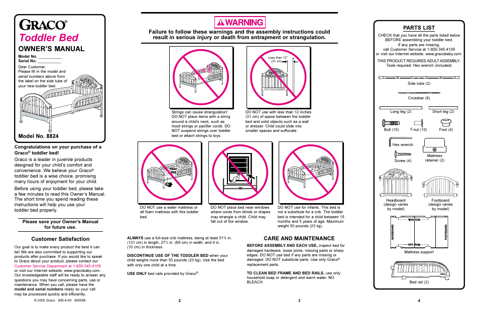 Toddler bed, Owners manual, Customer satisfaction | Care and maintenance, Model no. 8824, Parts list | Graco 8824 User Manual | Page 2 / 4