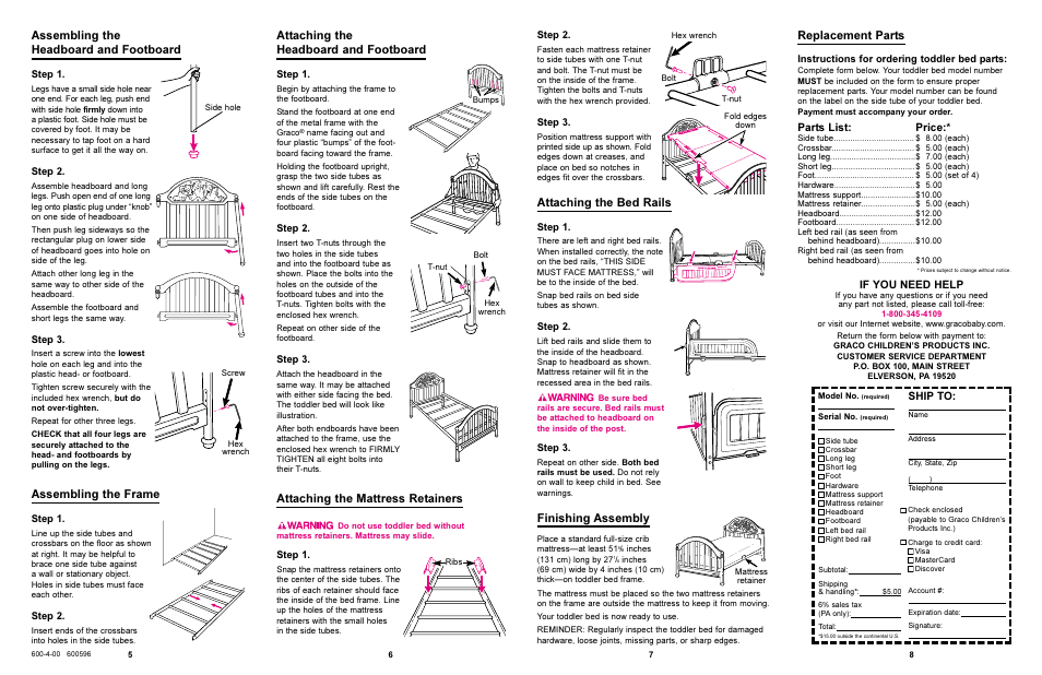 Assembling the frame, Assembling the headboard and footboard, Finishing assembly | Attaching the bed rails, Replacement parts, Parts list, Price, If you need help, Shipto | Graco 8824 User Manual | Page 4 / 4