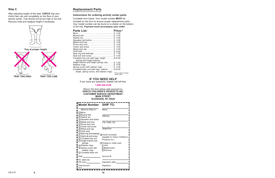 Replacement parts, If you need help, Model number | Ship to, Parts list, Price, Step 2 | Graco 4114 User Manual | Page 5 / 5