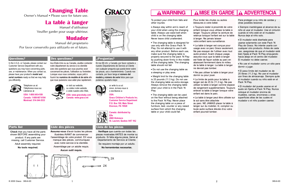 Changing table, Mudador, La table à langer | Warning advertencia mise en garde, Owners manual, Please save for future use, Parts list liste des pièces lista de las piezas, Questions? des questions? ¿preguntas | Graco 389-8-00 User Manual | Page 2 / 5