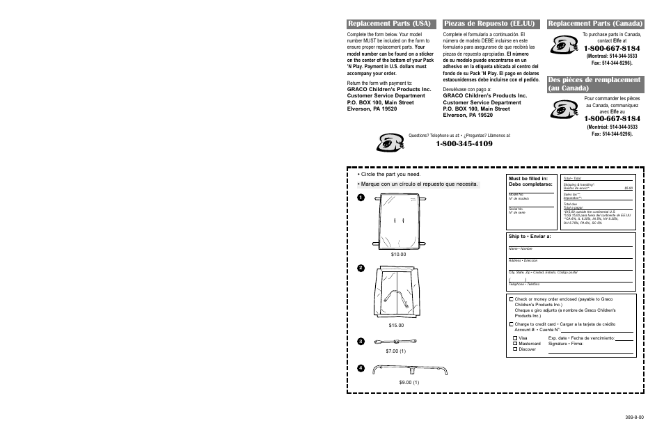 Replacement parts (usa) piezas de repuesto (ee.uu), Replacement parts (canada), Des pièces de remplacement (au canada) | Graco 389-8-00 User Manual | Page 5 / 5