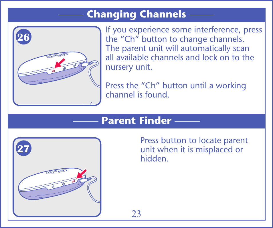 23 changing channels parent finder | Graco IMONITOR 2M13 User Manual | Page 26 / 67