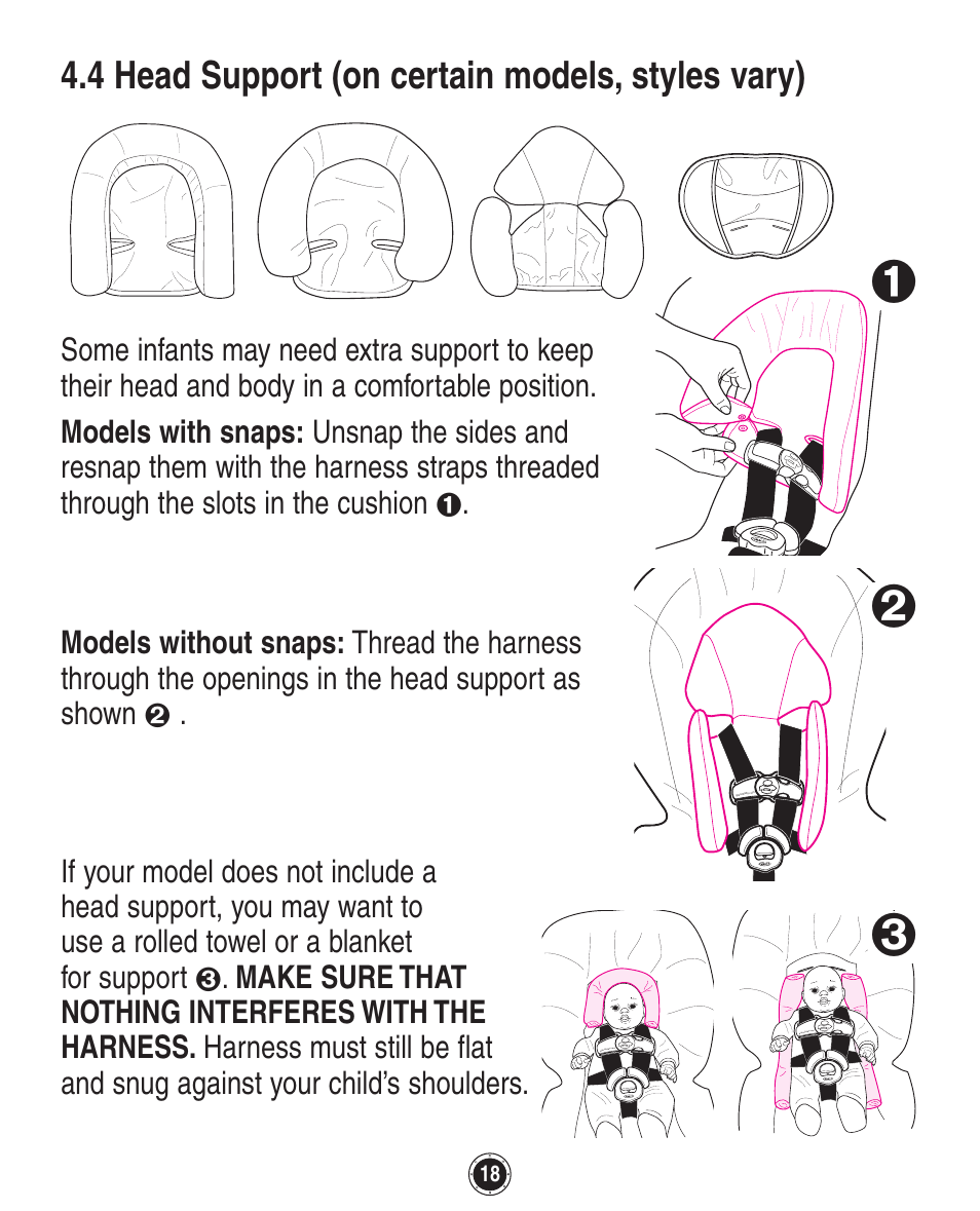 4 head support (on certain models, styles vary) | Graco SafeSeat Birkshire 8A12BKR User Manual | Page 18 / 88