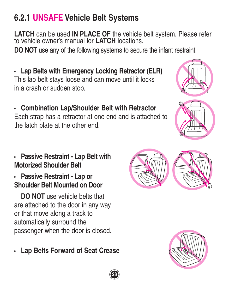 1 unsafe vehicle belt systems | Graco SafeSeat Birkshire 8A12BKR User Manual | Page 28 / 88