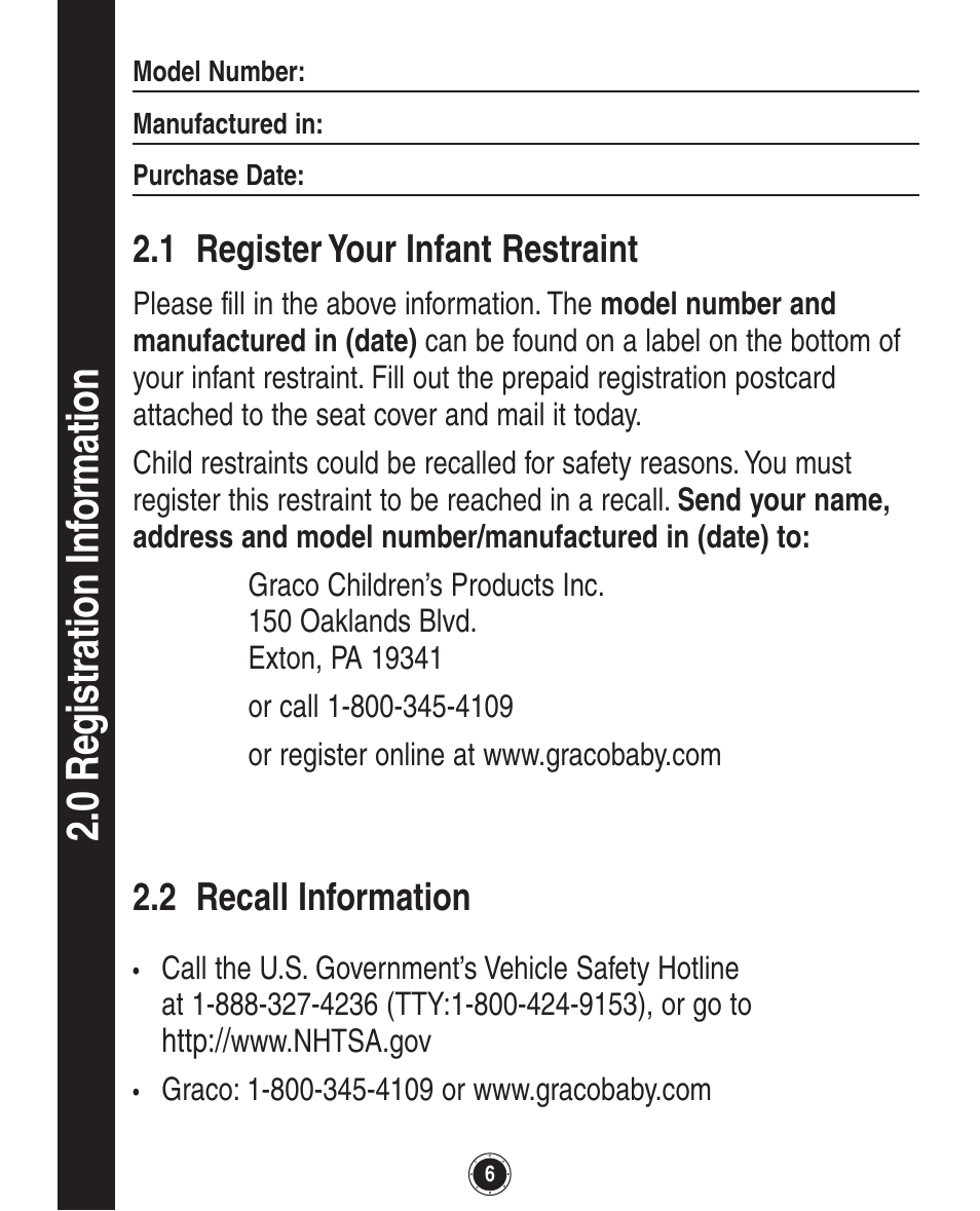0 re gi st ra tio n in fo rm at io n | Graco SafeSeat Birkshire 8A12BKR User Manual | Page 6 / 88