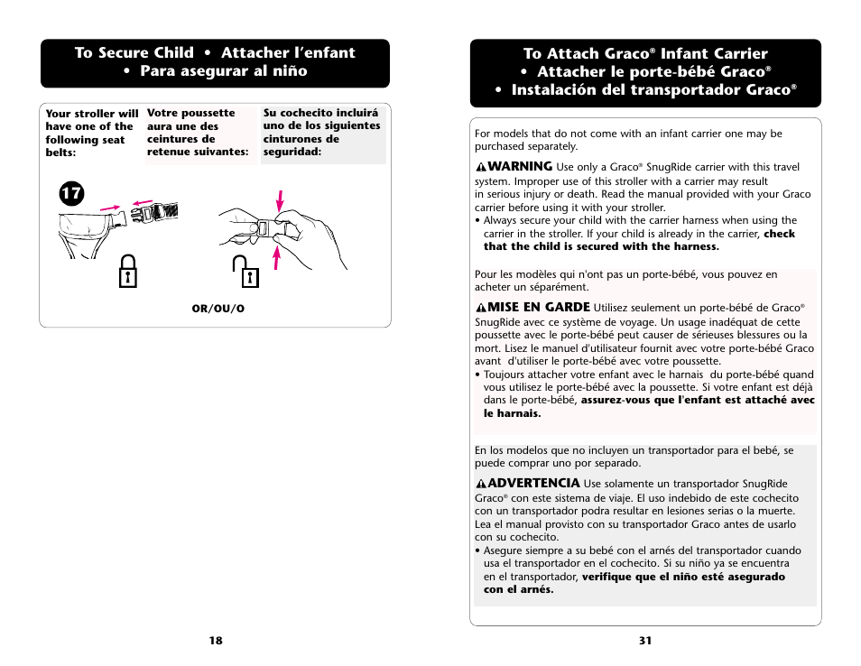 Infant carrier • attacher le porte-bébé graco, Instalación del transportador graco | Graco ISPA001AE User Manual | Page 31 / 48