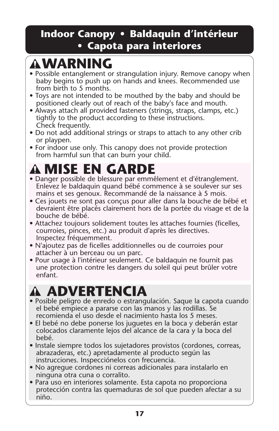 Warning, Advertencia, Mise en garde | Graco Travel Lite PD114224B User Manual | Page 17 / 32